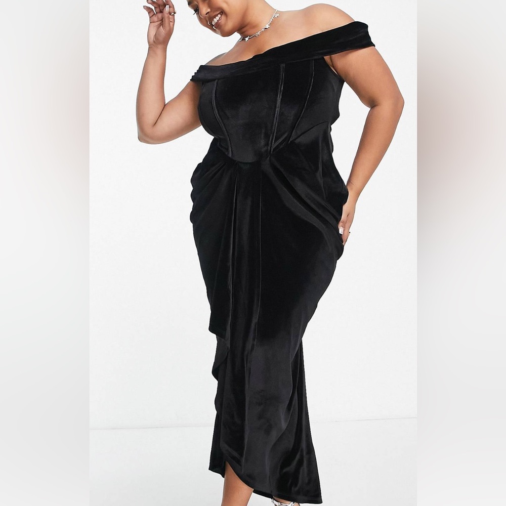 ASOS DESIGN Curve velvet bardot corset detail ruched midi dress in black